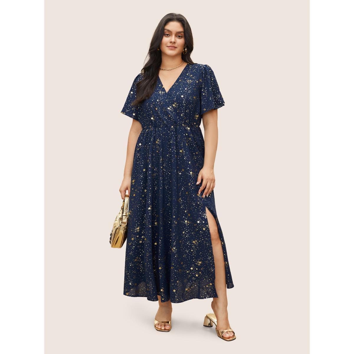 Moon and Star Galaxy Print Plus Size Dress Women Party Pocket Ruffle Sleeve Short Sleeve V Neck Pocket Going out Long Dress BloomChic Product Image