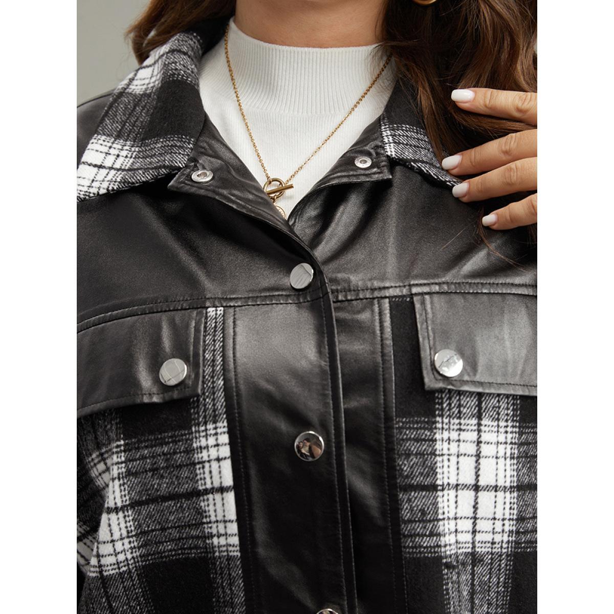 Plus Size Plaid Patchwork Contrast Button Up Shacket Women Black Contrast Pocket Dailywear Jackets BloomChic 12/L Product Image