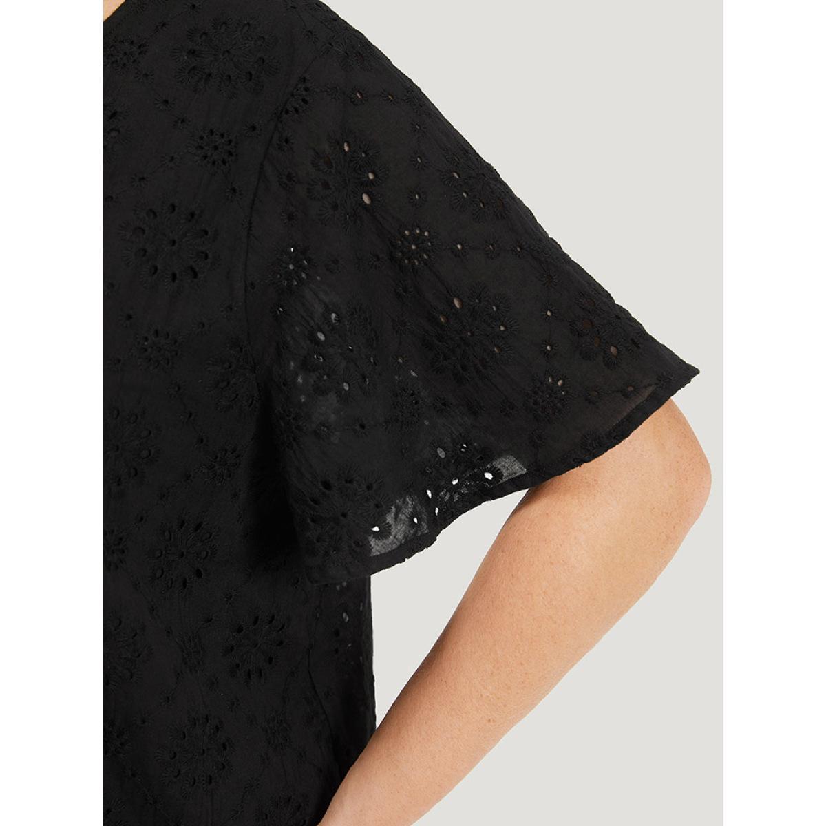 Plus Size Black Solid Broderie Anglaise Notched Ruffle Sleeve Blouse Women Vacation Short sleeve Notched collar Dailywear Blouses BloomChic 22-24/3X Product Image