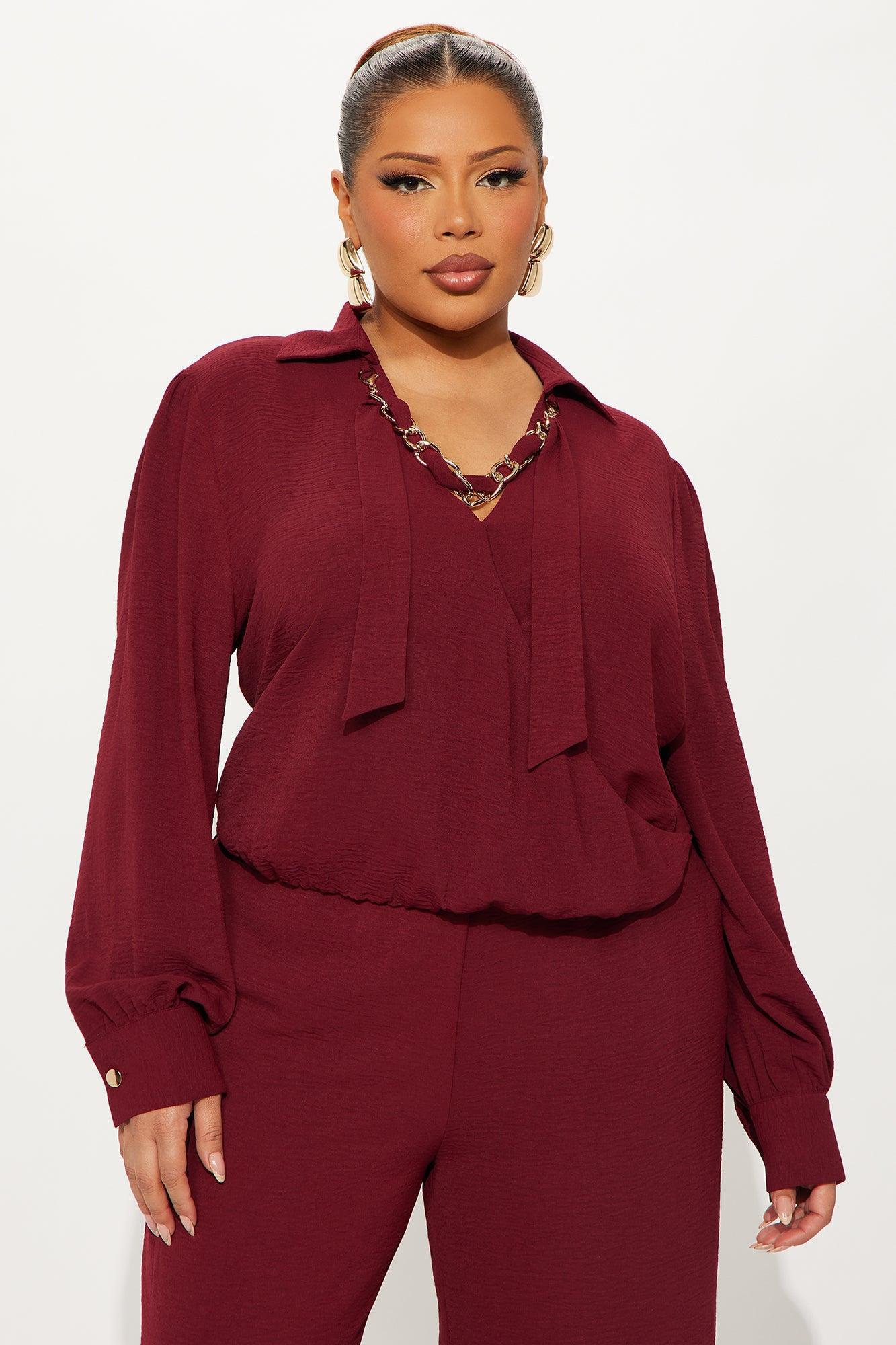 Sleek Statement Long Sleeve Pant Set - Wine Female Product Image