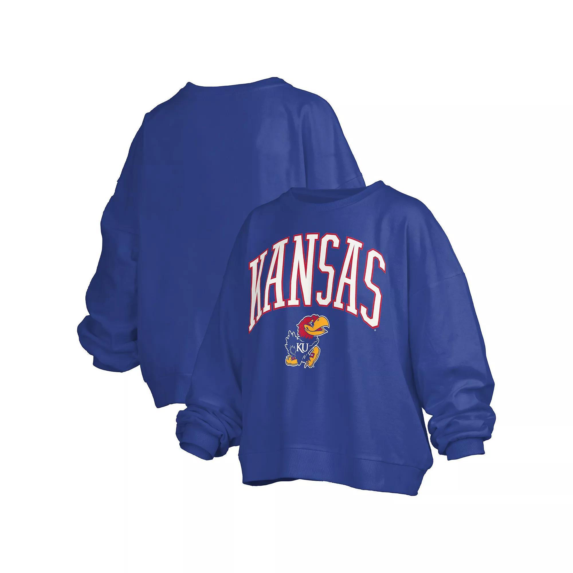 Women's Pressbox Royal Kansas Jayhawks Janise Arch Over Logo Waist Length Oversized Pullover Sweatshirt, Size: Small, Blue Product Image