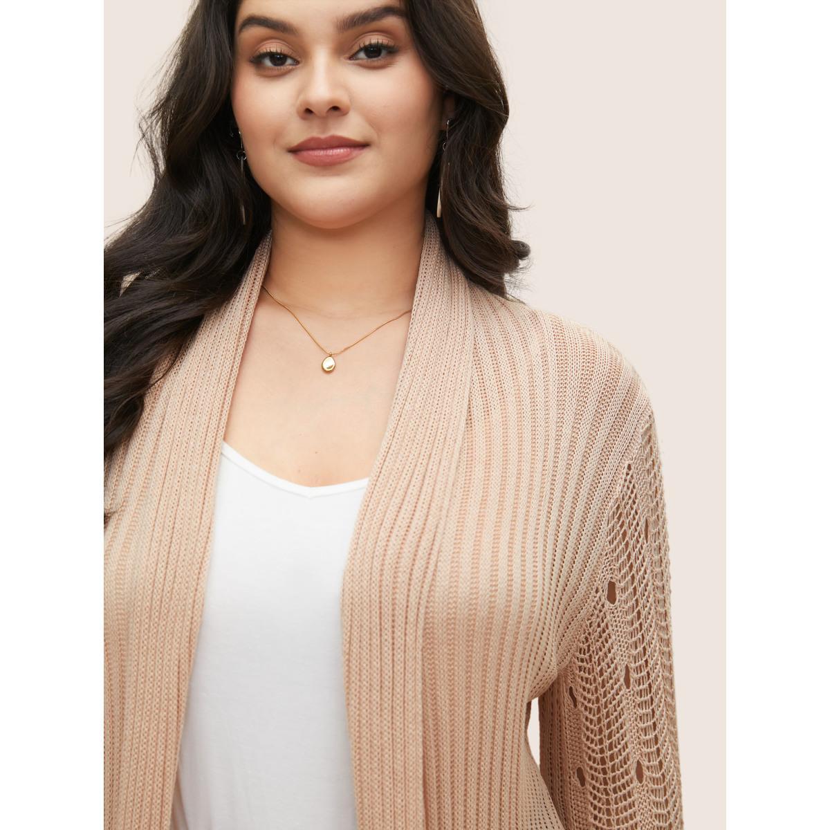 Plus Size Rayon Asymmetrical Hem Cut Out Cardigan Apricot Women Casual Long Sleeve Everyday Cardigans BloomChic 28/5X Product Image
