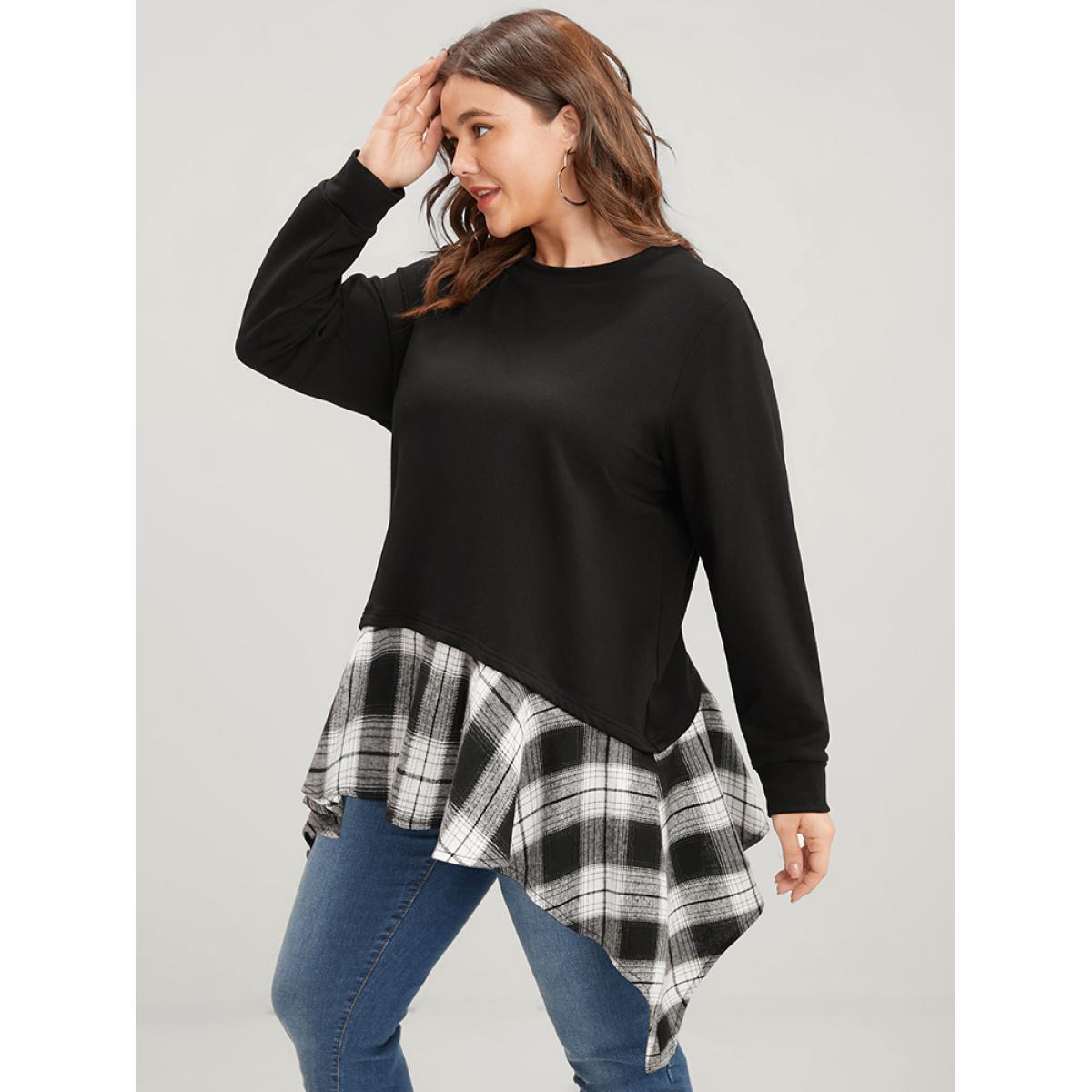 Plus Size Tartan Patchwork Round Neck Asymmetrical Hem Sweatshirt Women Black Elegant Patchwork Round Neck Dailywear Sweatshirts BloomChic 26/4X Product Image