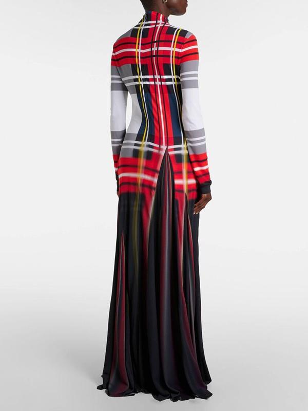 Long Sleeves Contrast Color Pleated Mock Neck Maxi Dresses Product Image