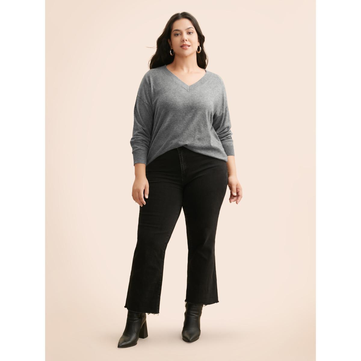 Plus Size Supersoft Drop Shoulder V-Neck Top Mediumgray Women Casual Long Sleeve V-neck Everyday Pullovers BloomChic 14-16/1X Product Image