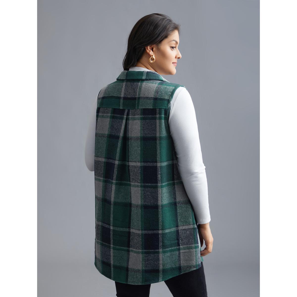 Plus Size Plaid Flap Detail Sleeveless Jacket Women DarkGreen Button Side seam pocket Everyday Jackets BloomChic 22-24/3X Product Image
