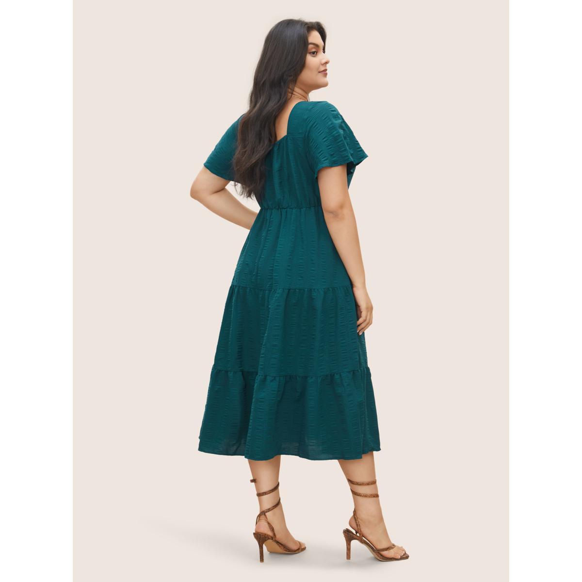 Plus Size Plain Ruched Drawstring Pocket Ruffle Tiered Dress DarkGreen Women Elegant Non V-neck Short sleeve Curvy Midi Dress BloomChic 30/6X Product Image