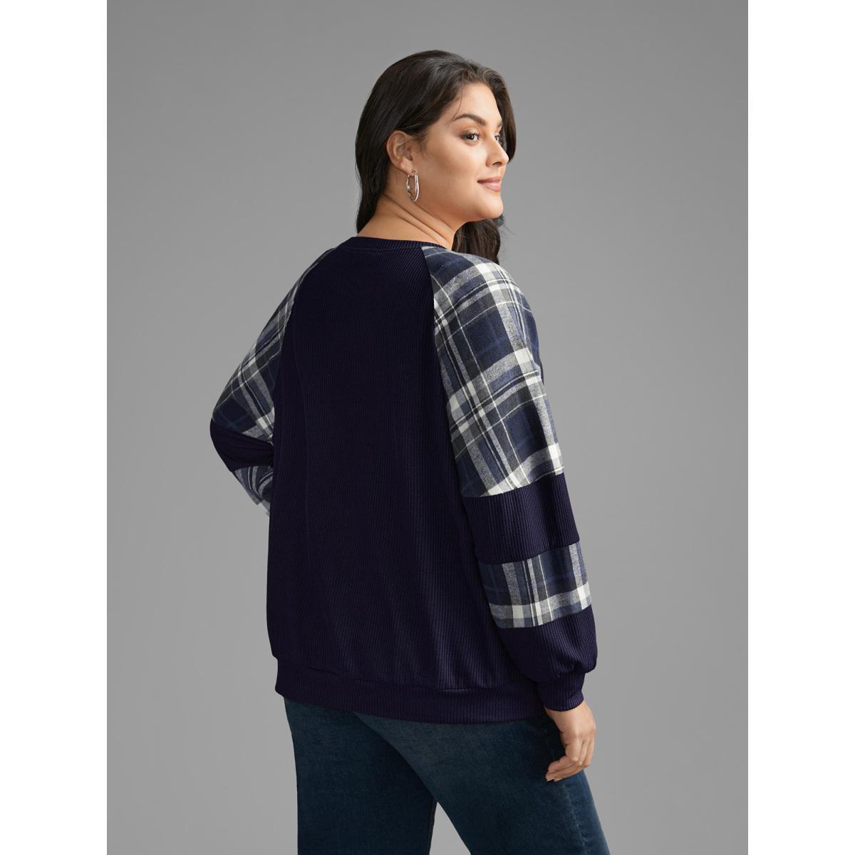 Plus Size Plaid Patchwork Raglan Sleeve Sweatshirt Women DarkBrown Casual Texture Round Neck Everyday Sweatshirts BloomChic 26/4X Product Image