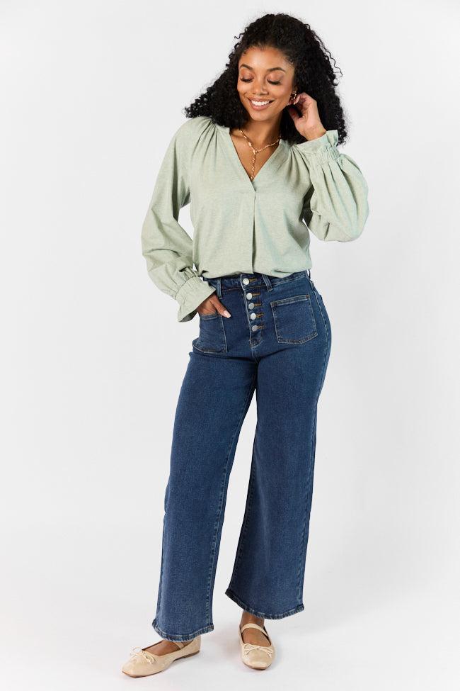 Simply You Sage Knit Notched Neck Long Sleeve Blouse FINAL SALE Product Image