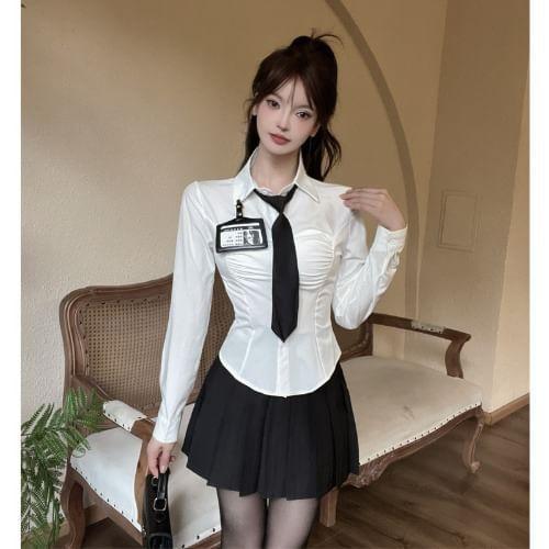 Long-Sleeve Plain Button-Up Crop Shirt / High Waist Pleated Mini A-Line Skirt / Necktie / Name Tag / Set Product Image