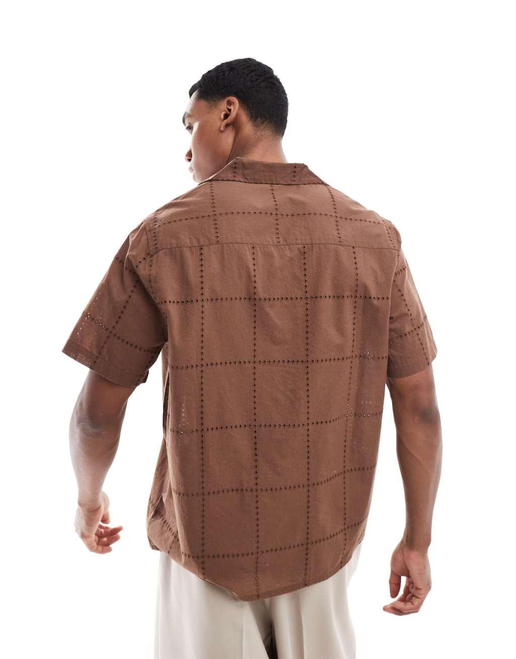 ASOS DESIGN relaxed camp collar shirt in checkerboard eyelet in brown Product Image