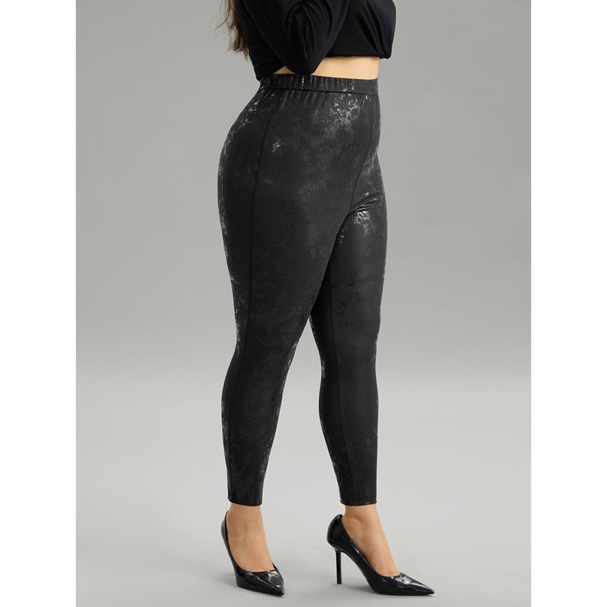 Plus Size Vintage PU Leather Glitter Skinny Leggings Women Black Party High stretch Skinny High Rise Going out Leggings BloomChic 10/M Product Image