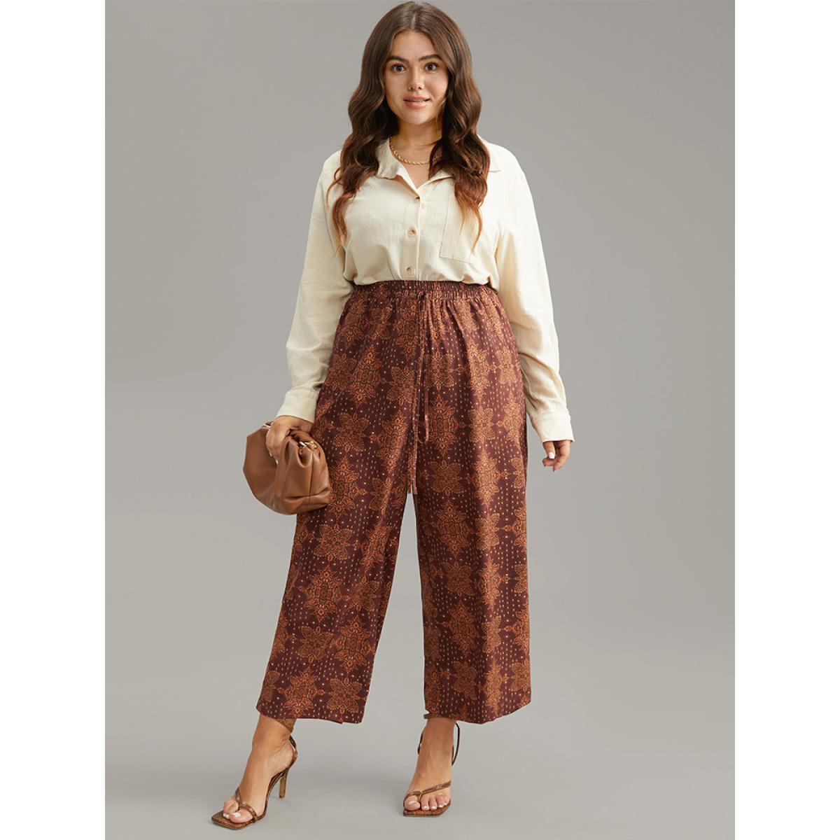 Plus Size Bandana Elastic Waist Wide Leg Ties Pants Women Maroon Vacation Wide Leg High Rise Dailywear Pants BloomChic 30/6X Product Image
