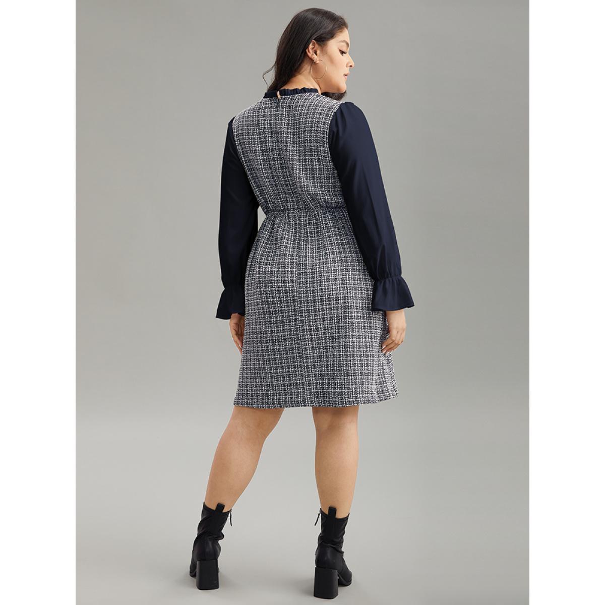 Plus Size Plaid Patchwork Ruffle Trim Knee Dress DarkBlue Women Office Texture Mock Neck Long Sleeve Curvy Knee Dress BloomChic 18-20/2X Product Image