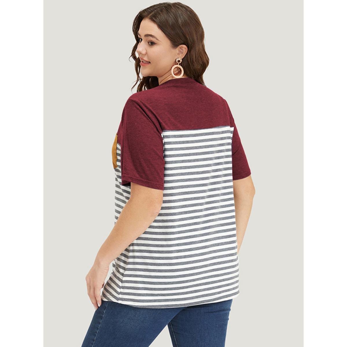 Plus Size Striped Patchwork Round Neck Patched Pocket T-shirt Red Women Casual Patchwork Striped Round Neck Dailywear T-shirts BloomChic 12/L Product Image
