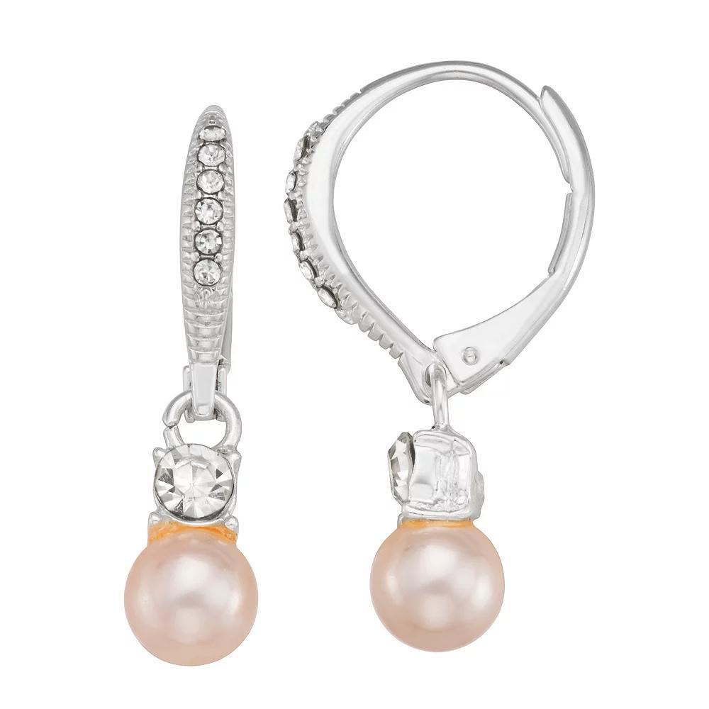 You're Invited... Sterling Silver Crystal Leverback Simulated Pearl Drop Earrings, Women's, Silver Tone Pink Product Image