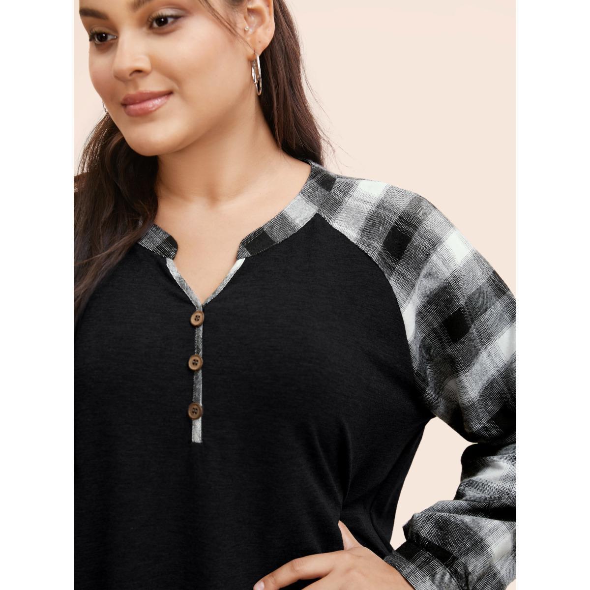 Plus Size Plaid Patchwork Notched Button Detail Sweatshirt Women Black Casual Patchwork Notched collar Everyday Sweatshirts BloomChic 14-16/1X Product Image