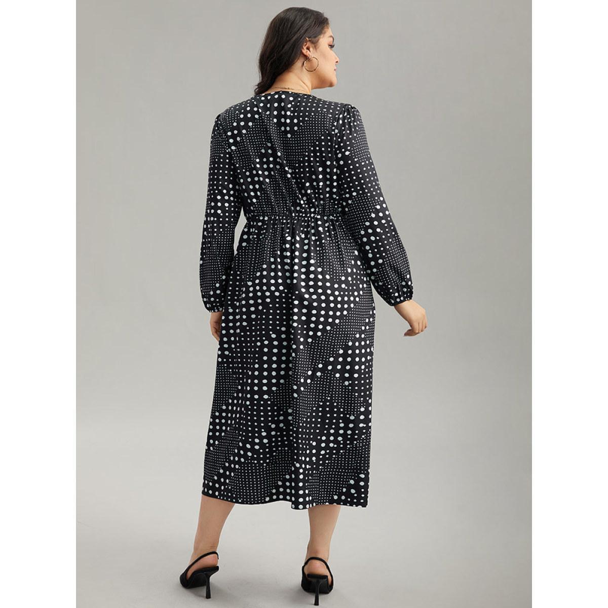 Plus Size Polka Dot Elastic Waist Split Hem Dress Black Women At the Office Pleated V-neck Long Sleeve Curvy Midi Dress BloomChic 28/5X Product Image