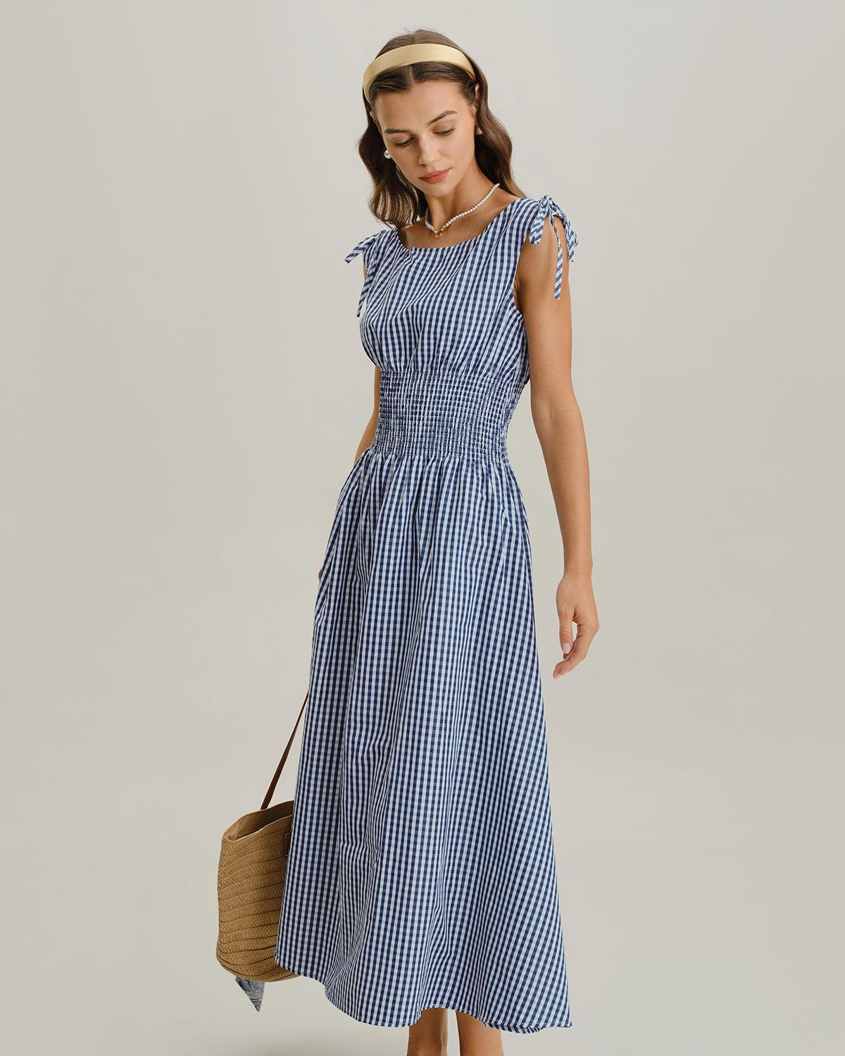 Blue Plaid Boat Neck Shirred Midi Dress Product Image