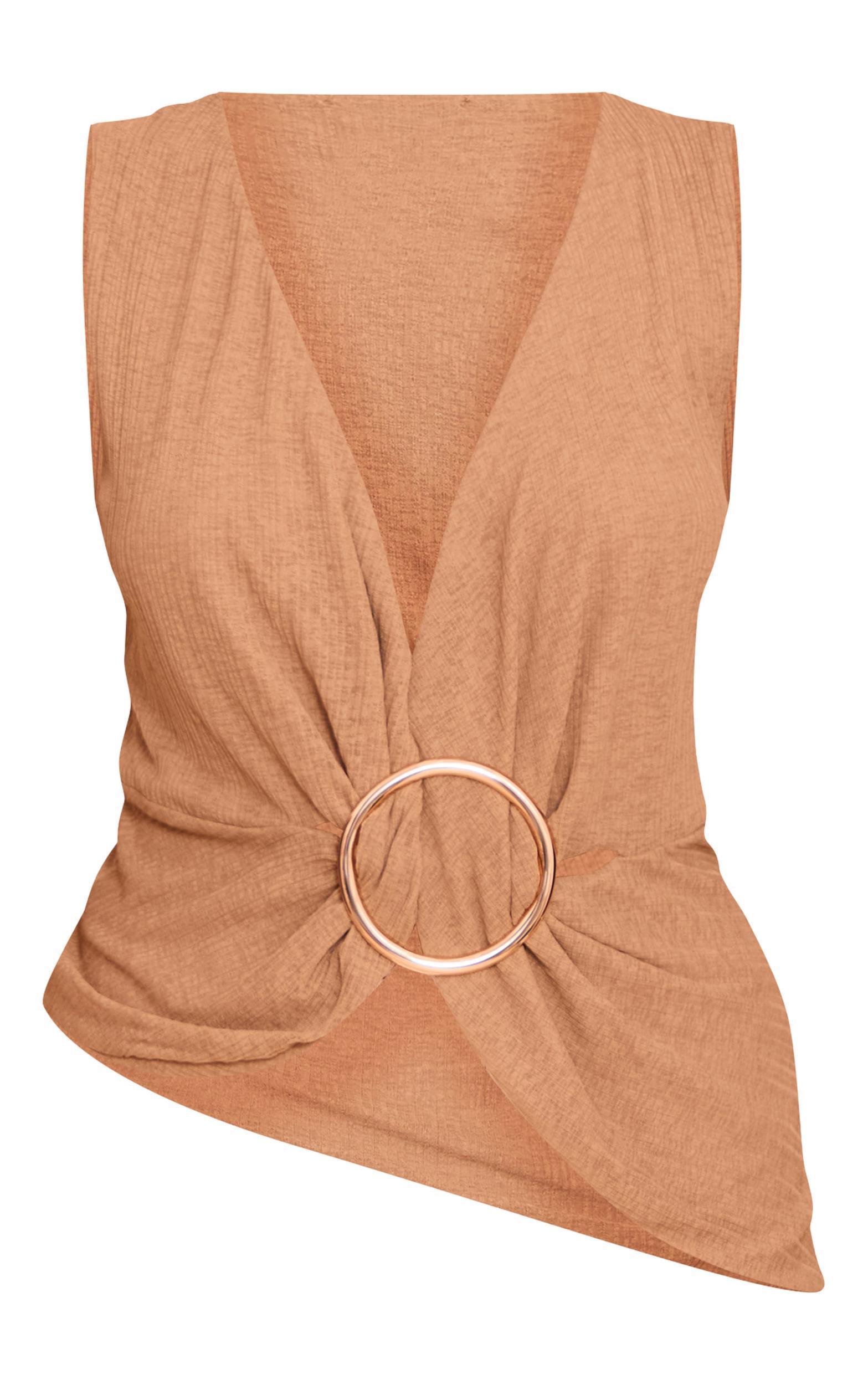 Mushroom Ribbed Onion Skin Trim Detail Plunge Top Product Image