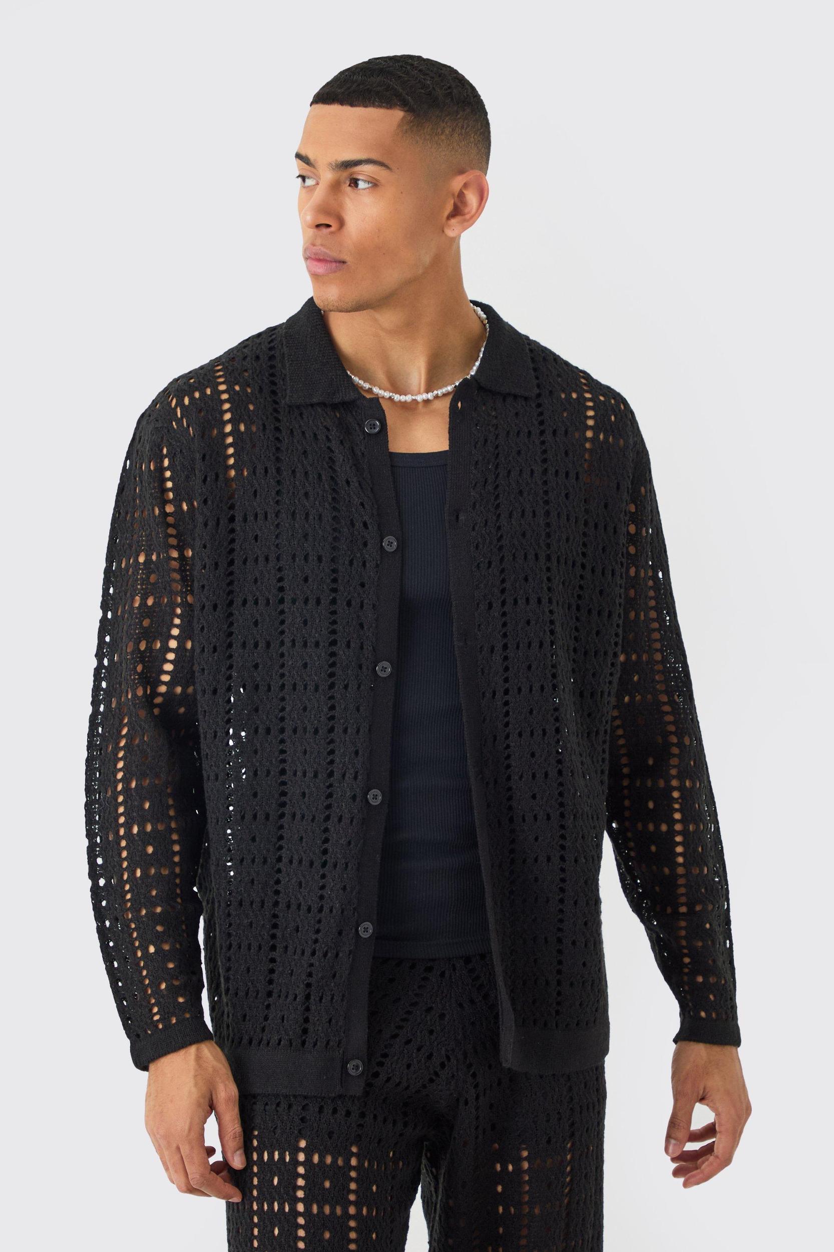 Oversized Long Sleeve Crochet Shirt In Black | boohooMAN USA Product Image