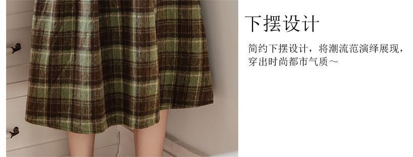 Long Sleeve Round Neck Plaid Mock Two Piece Frill Button Midi A-Line Dress Product Image