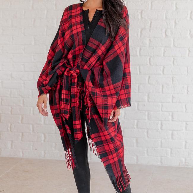 Comfort And Joy Red and Black Plaid Poncho FINAL SALE Product Image