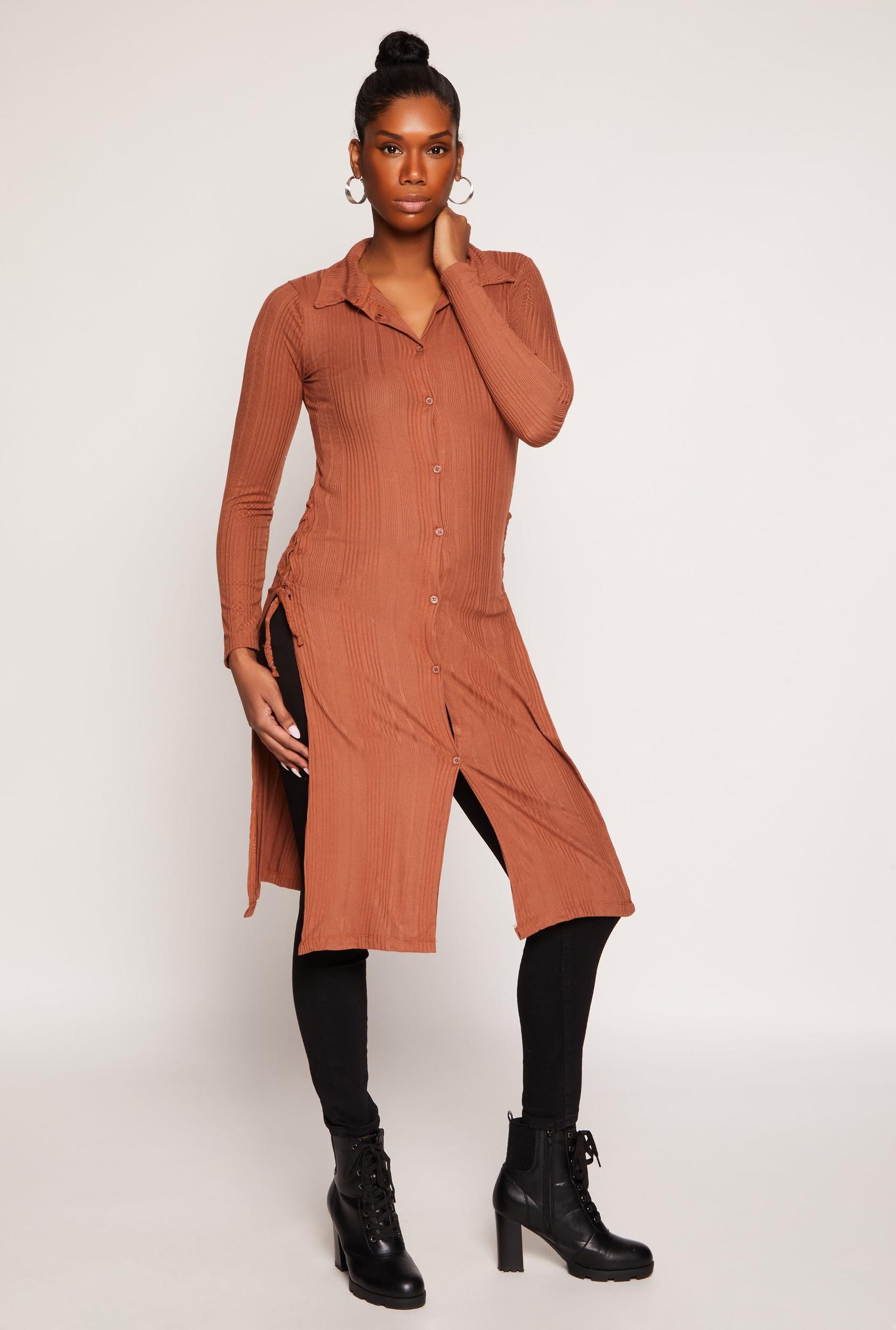 Womens Ribbed Knit Button Front Lace Up Maxi Top Product Image
