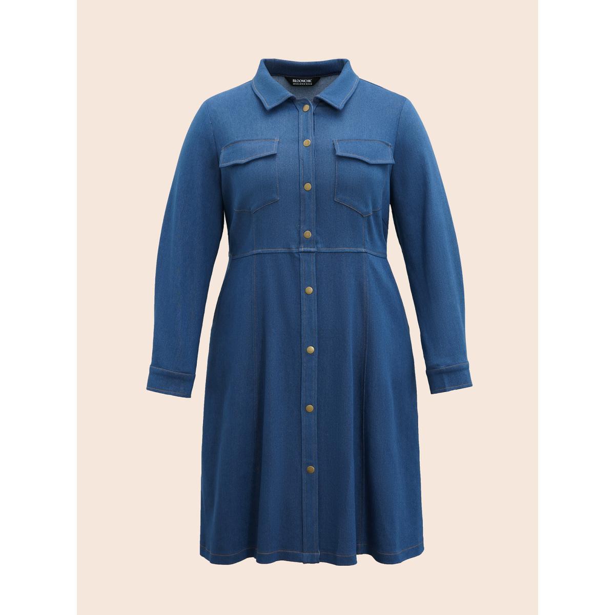 Plus Size Stretch Denim Chest Flaps Waist Defining Midi Dress Denimindigo Women Button Vacation Side seam pocket Resort Denim Dresses BloomChic 14-16/1X Product Image