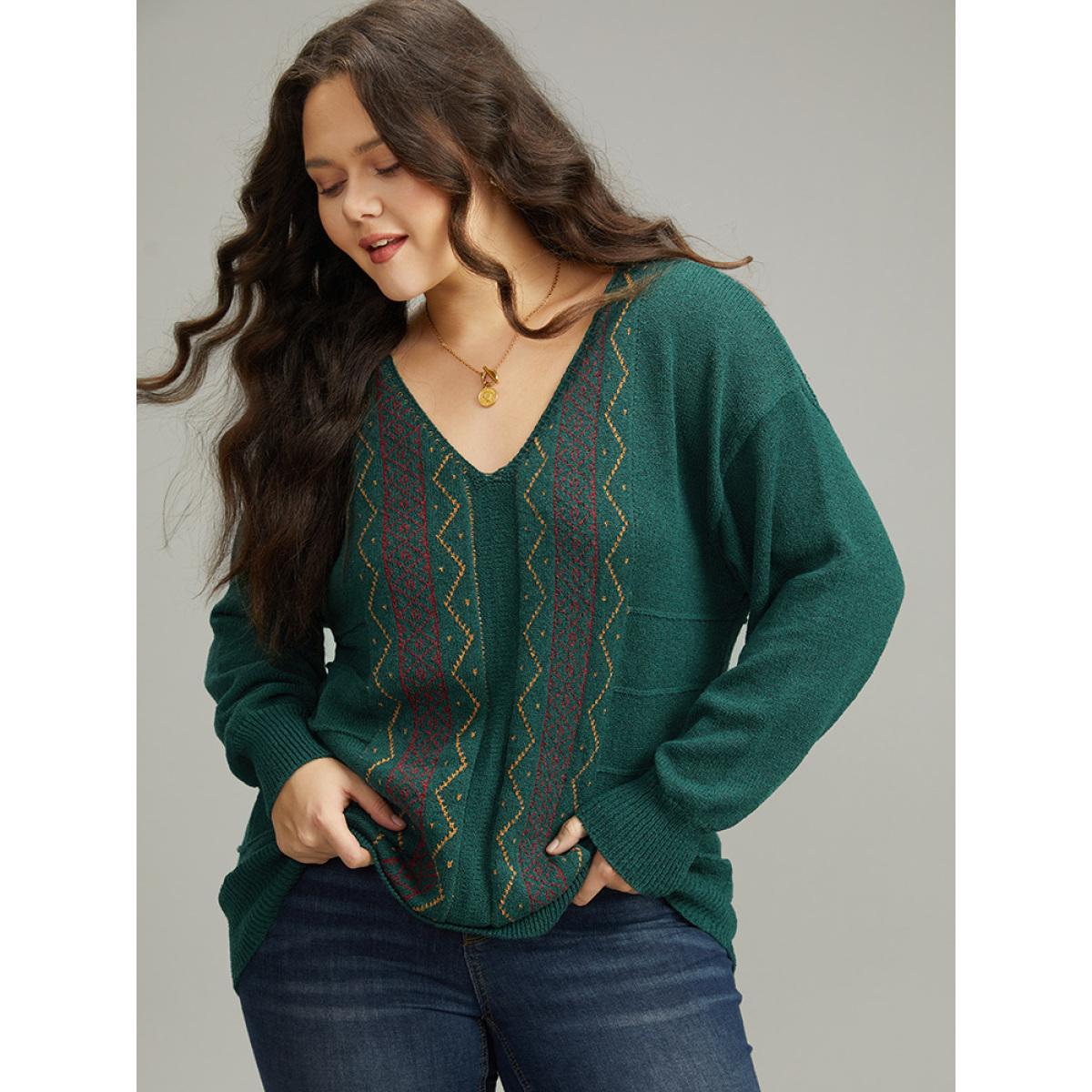 Plus Size Bandana Embroidered Drop Shoulder Elastic Cuffs Pullover DarkGreen Women Casual Loose Long Sleeve V-neck Dailywear Pullovers BloomChic 22-24/3X Product Image