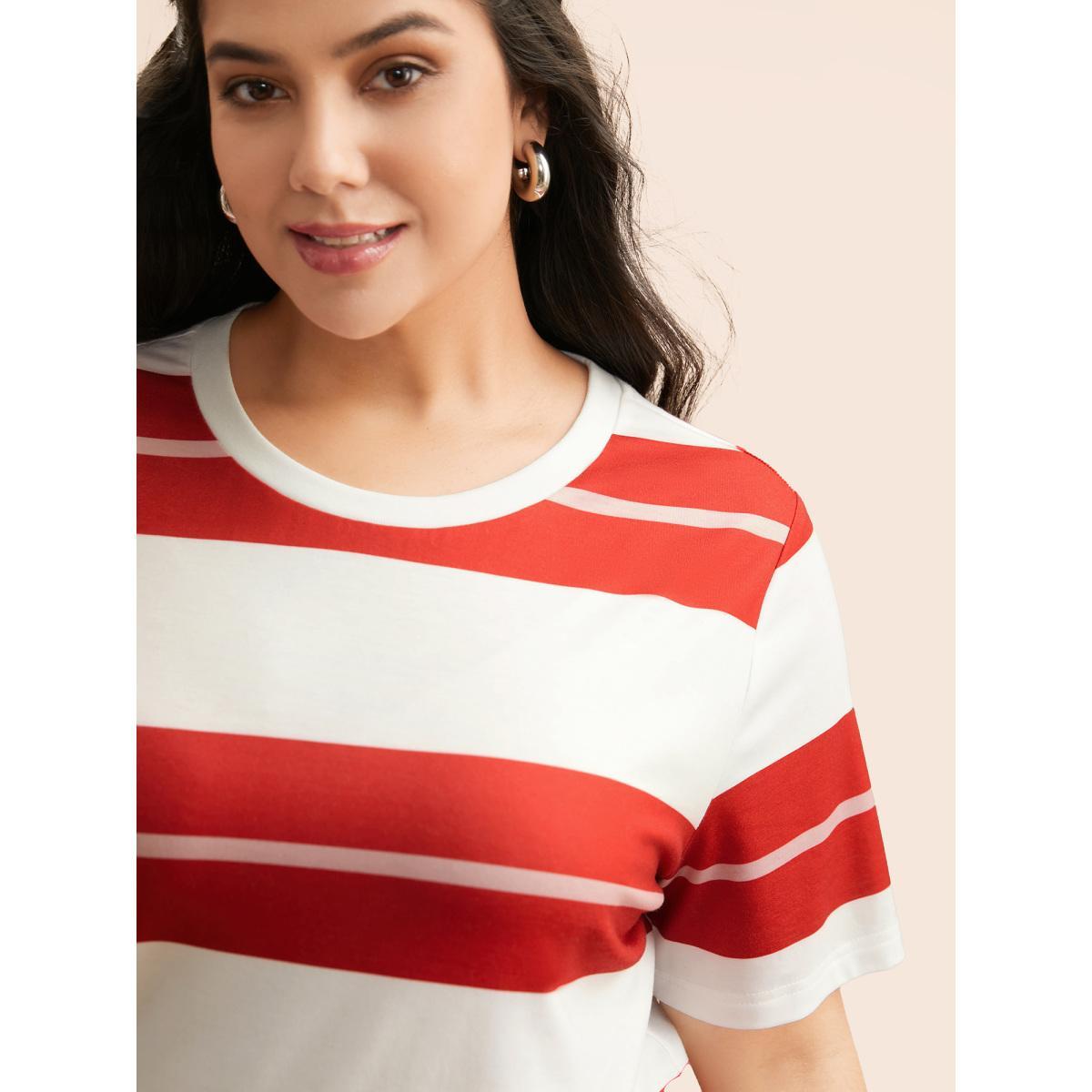 Plus Size Crew Neck Contrast Striped T-shirt Multicolor Women Casual Contrast Round Neck Everyday T-shirts BloomChic 12/L Product Image