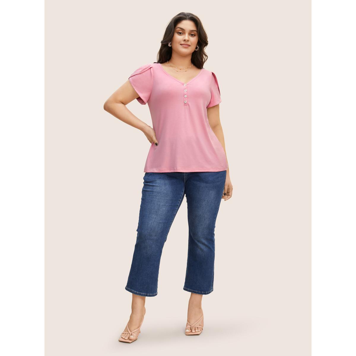 Plus Size Medium stretch Petal Sleeve Button Up T-shirt Watermelon Women Elegant Button V-neck Bodycon Everyday T-shirts BloomChic 18-20/2X Product Image