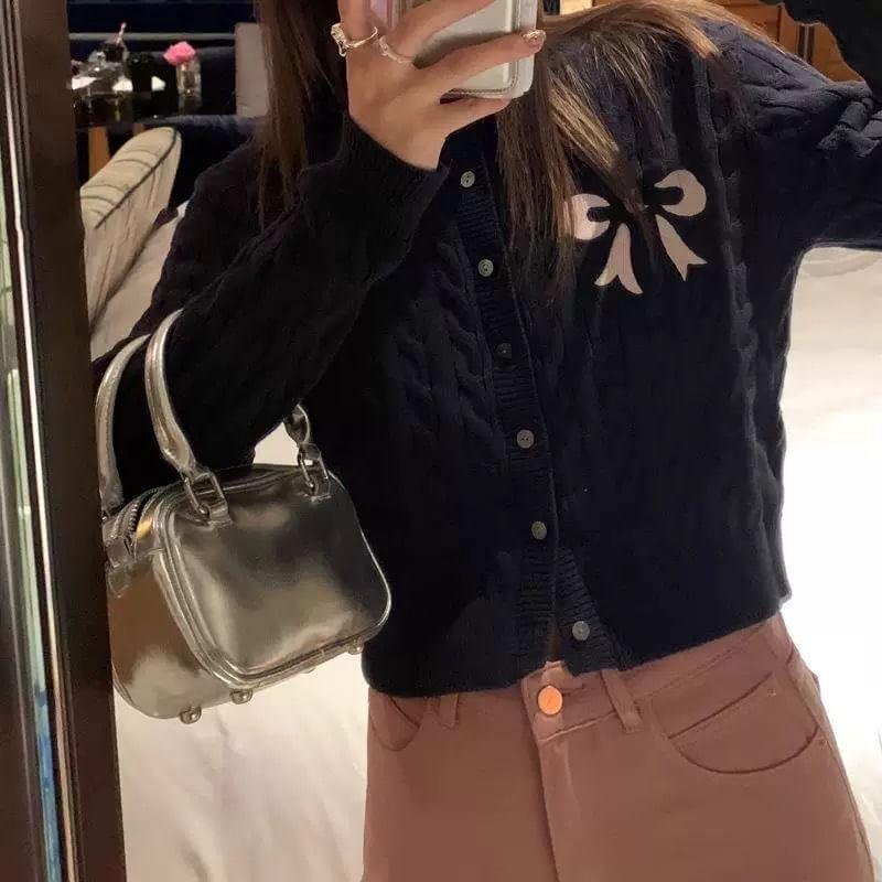 Bow Embroidered Cable-Knit Cardigan Product Image