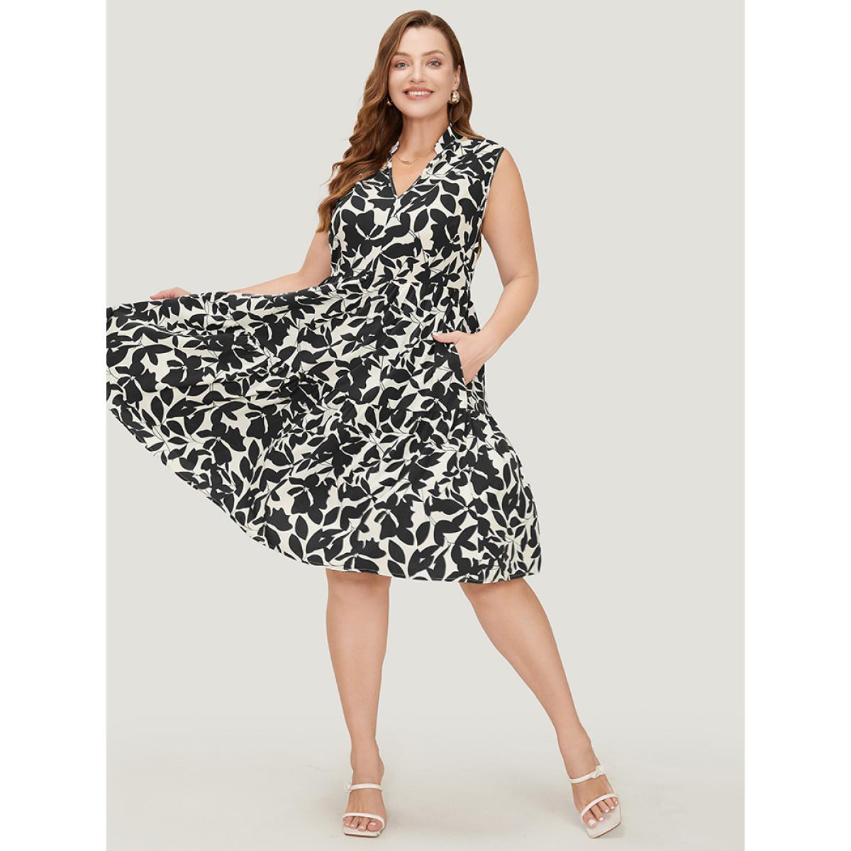 Plus Size Floral Ptrint Pocket Ruffle Tiered Stand Collar Tank Dress Black Women Elegant Tiered Stand-up collar Sleeveless Curvy Knee Dress BloomChic 10/M Product Image