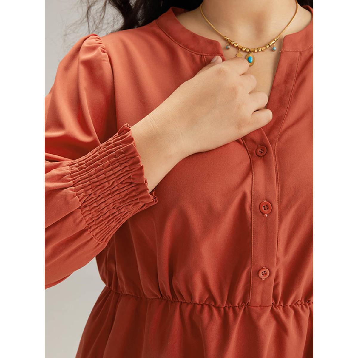 Plus Size Plain Shirred Button Up Laser Cut Dress Maroon Women Vacation Plain Notched collar Long Sleeve Curvy Midi Dress BloomChic 18-20/2X Product Image