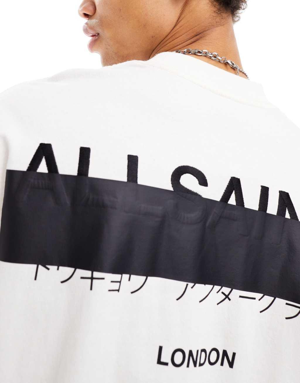 AllSaints Redact oversized embroidered logo t-shirt in white Product Image