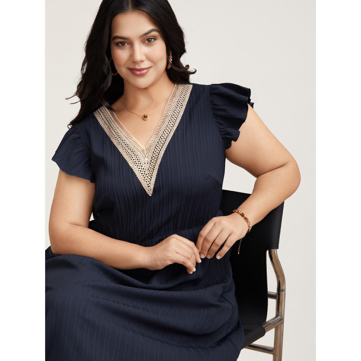 Plus Size Textured Lace Neckline Ruffled Sleeve Dress Navy Women Elegant Woven ribbon&lace trim V-neck Short sleeve Curvy BloomChic 14-16/1X Product Image