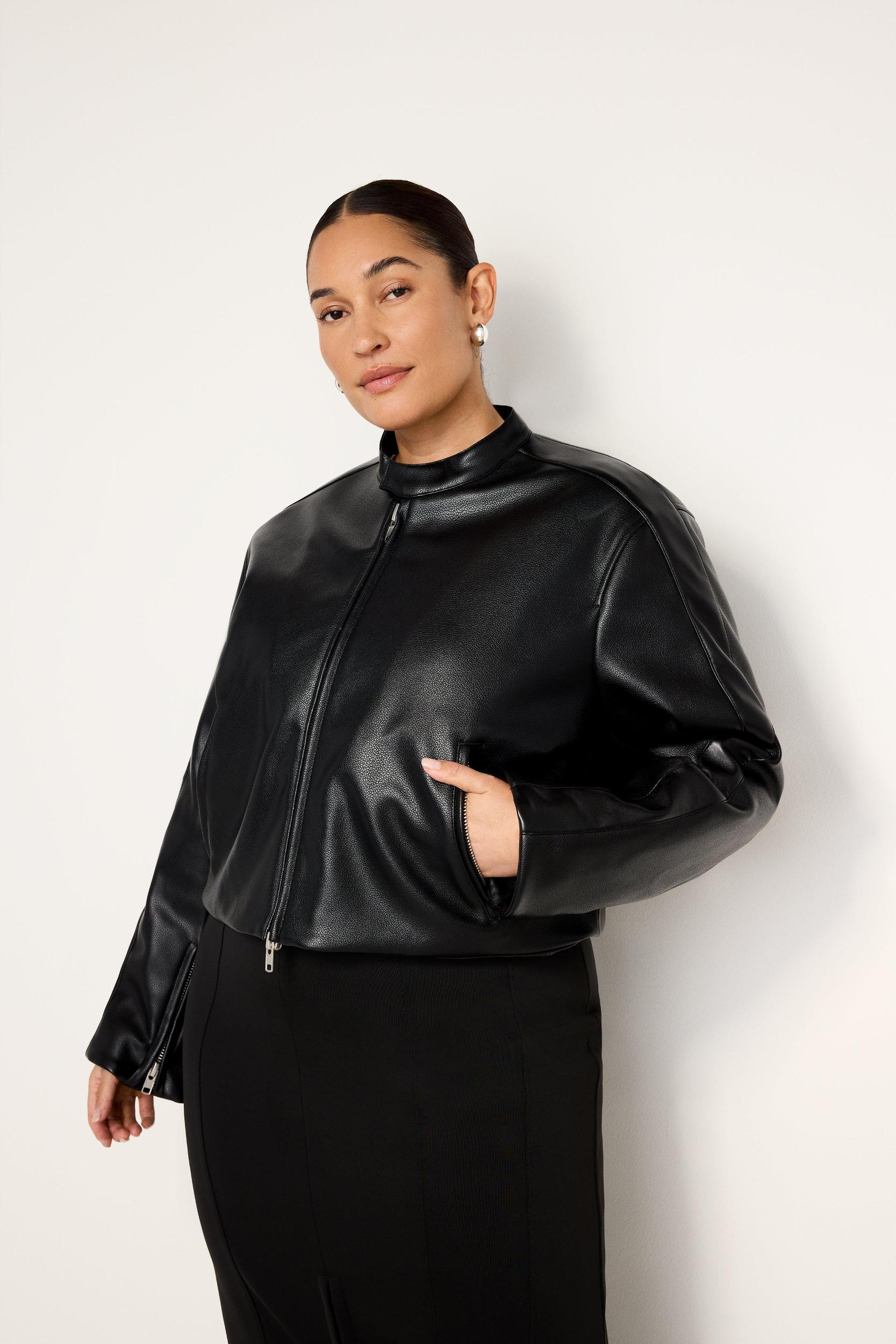 FAUX LEATHER MOTO JACKET | BLACK001 Product Image
