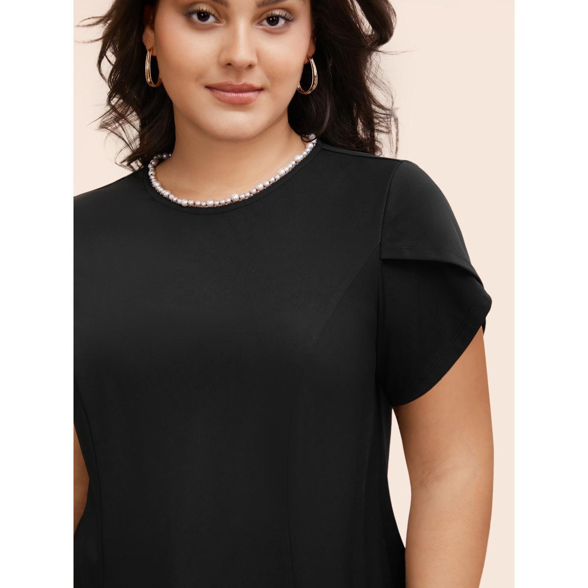 Plus Size Black Pearl Beaded Petal Sleeve Stretch Blouse Women Elegant Half Sleeve Round Neck Everyday Blouses BloomChic 14-16/1X Product Image
