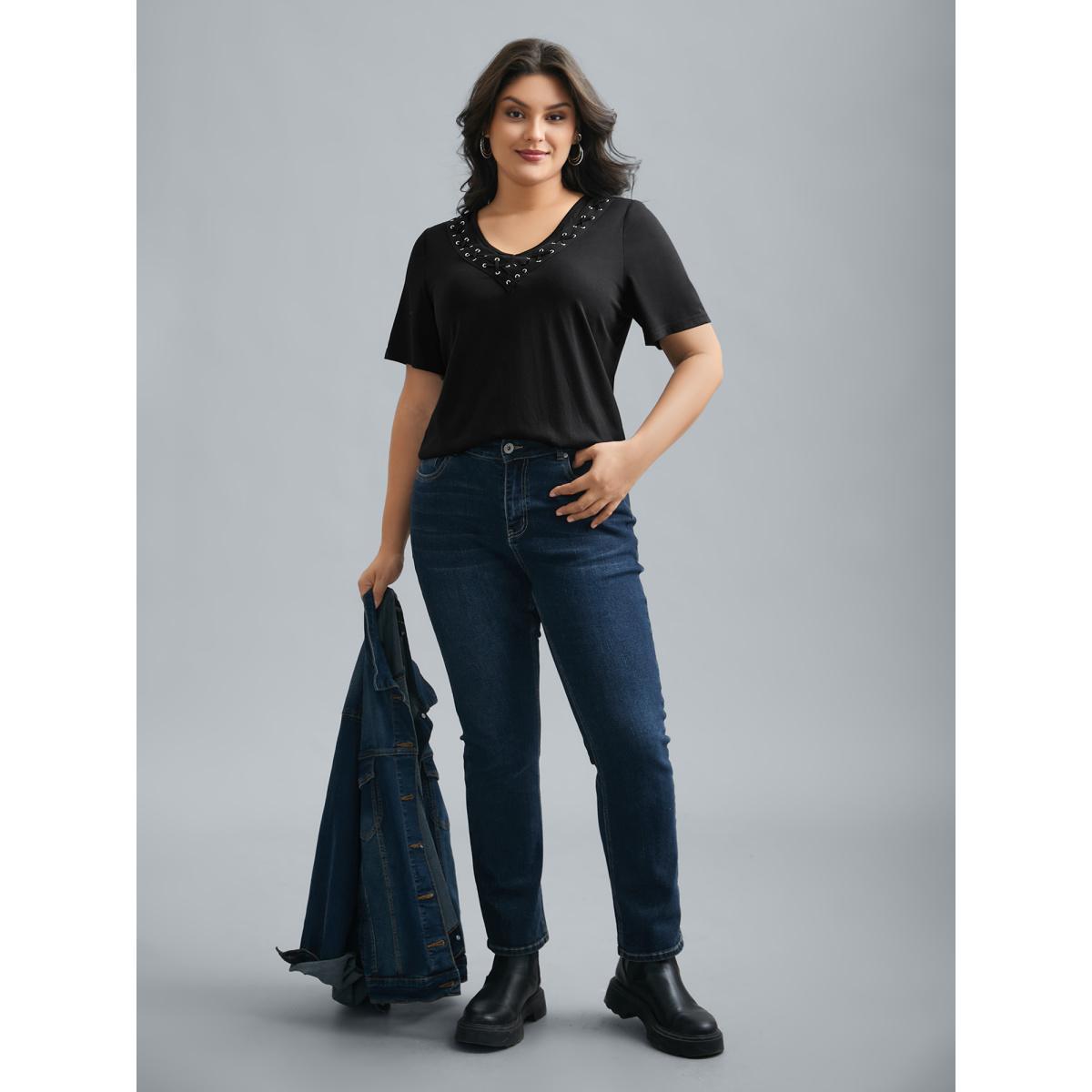 Plus Size Stretchy V-Neck Hollow Fitted T-Shirt Black Women Casual Eyelet V-neck Everyday T-shirts BloomChic 22-24/3X Product Image