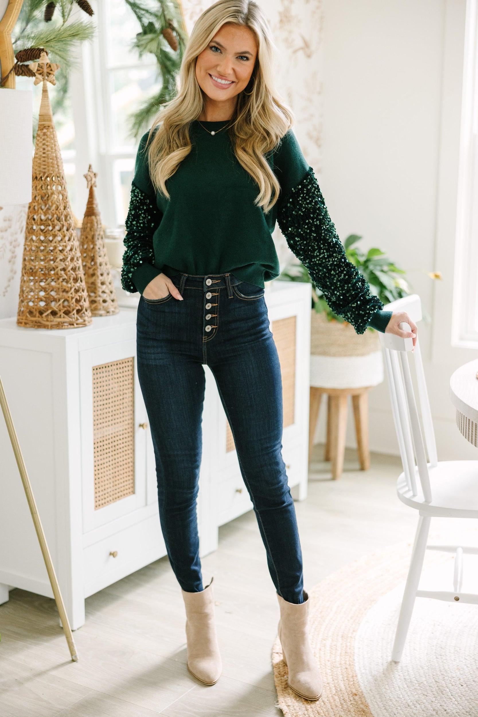 Don't Think Twice Emerald Green Sequin Sweater Female Product Image
