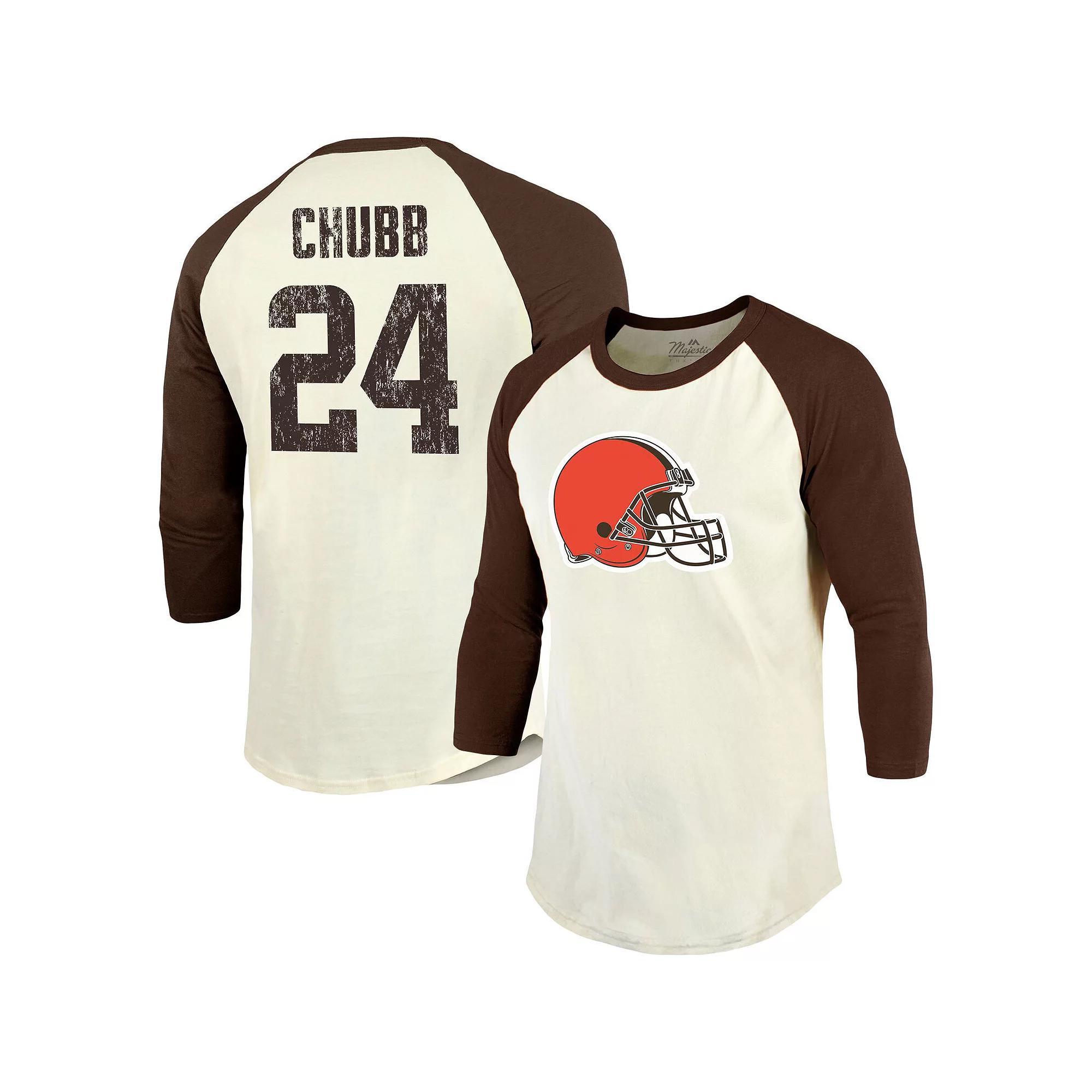 Men's Majestic Threads Nick Chubb Cream/Brown Cleveland Browns Player Name & Number Raglan 3/4-Sleeve T-Shirt, Size: XL, Beige Product Image