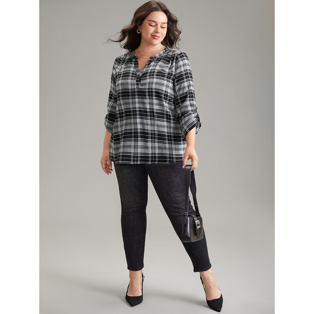 Plus Size Black Plaid Notched Button Up Tab Sleeve Blouse Women Office Elbow-length sleeve Notched collar Work Blouses BloomChic 18-20/2X Product Image