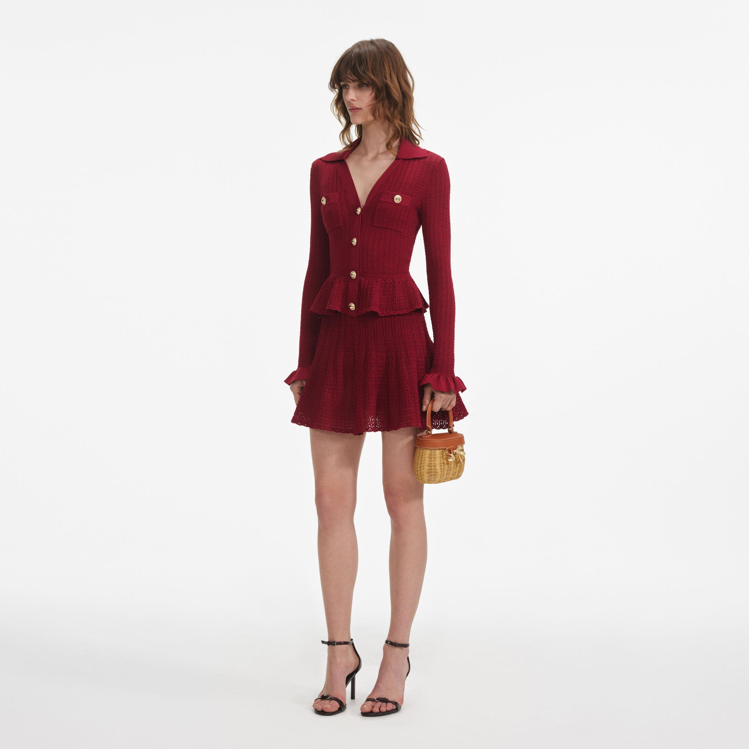 Burgundy Pointelle Knit Mini Dress Product Image