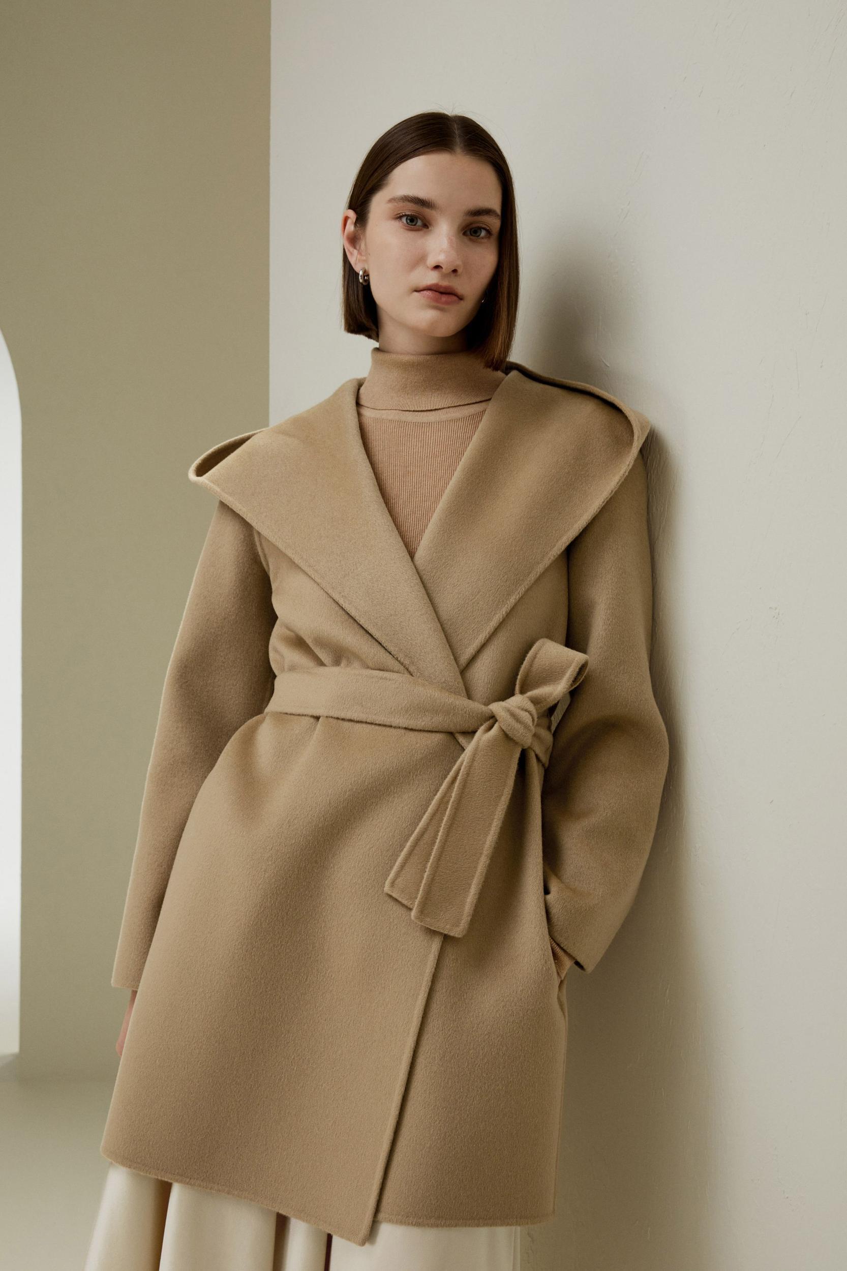 Cashmere-Wool-Blend Belted Short Hooded Coat Product Image