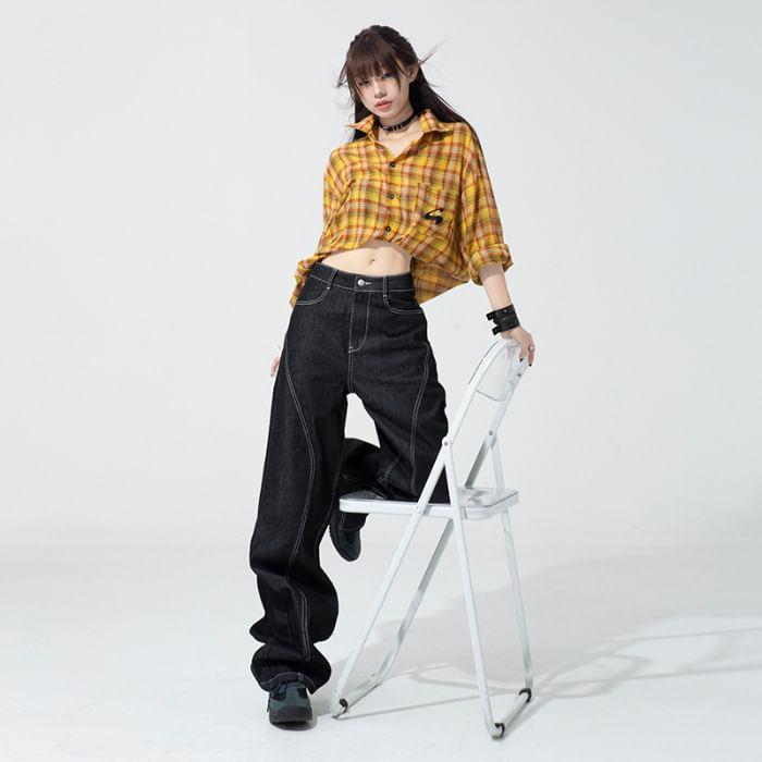 Low Waist Unwashed Panel Wide Leg Jeans (Various Designs) Product Image