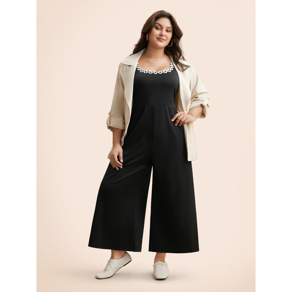 Plus Size Black Stereo Flower Design Square Neck Jumpsuit Women Elegant Sleeveless Square Neck Everyday Loose Jumpsuits BloomChic 10/M Product Image