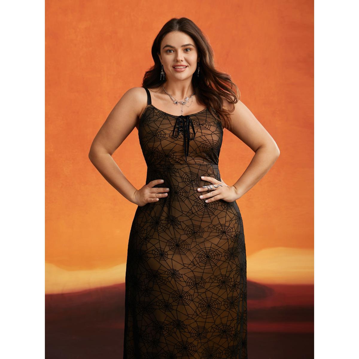 Plus Size Spider Web Pattern Stretchy Midi Dress Black Women Cocktail Wraparound straps Party Curvy Bloomchic 26/4X Product Image