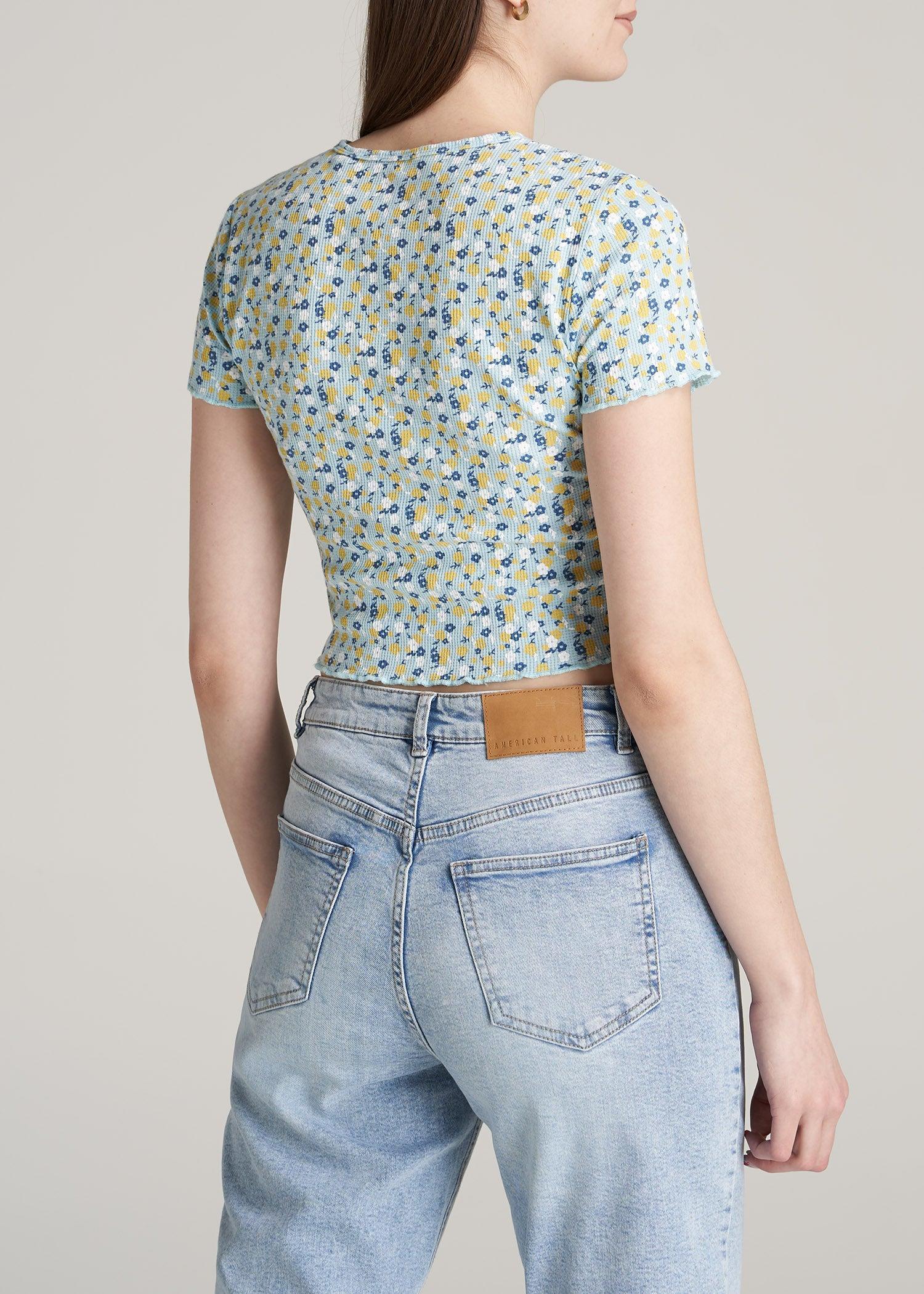 Cropped Waffle Tee for Tall Women in Corydalis Blue Floral Product Image