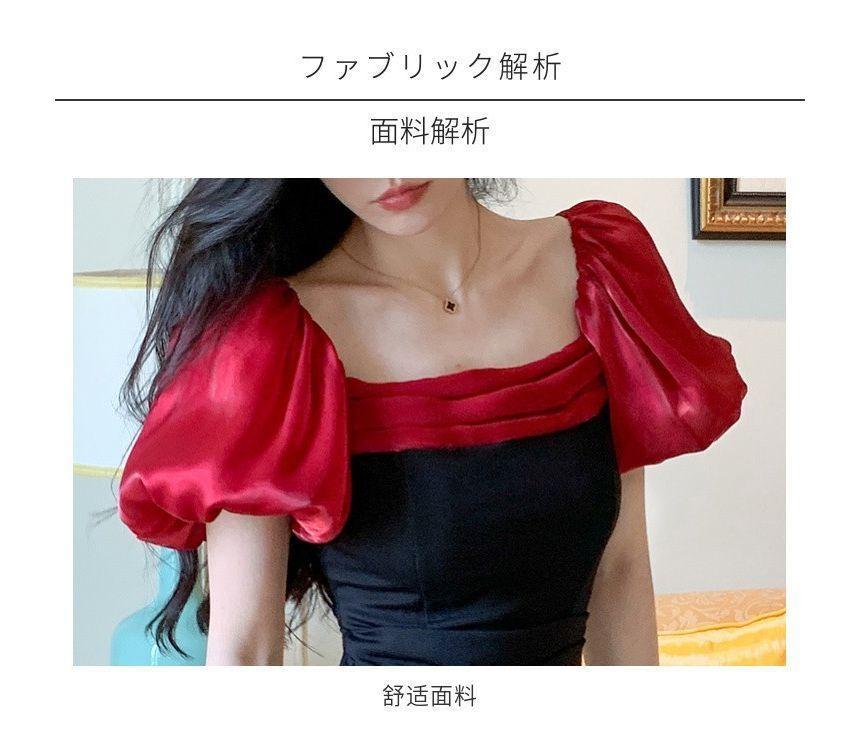 Puff Sleeve Square Neck Two Tone Slit Ruched Panel Mesh Midi Sheath Dress Product Image